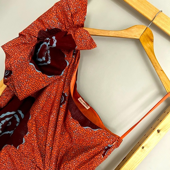 ULLA JOHNSON Cotton Print One Shoulder Ruffle Midi Shift Dress Size 12 - Picture 6 of 7